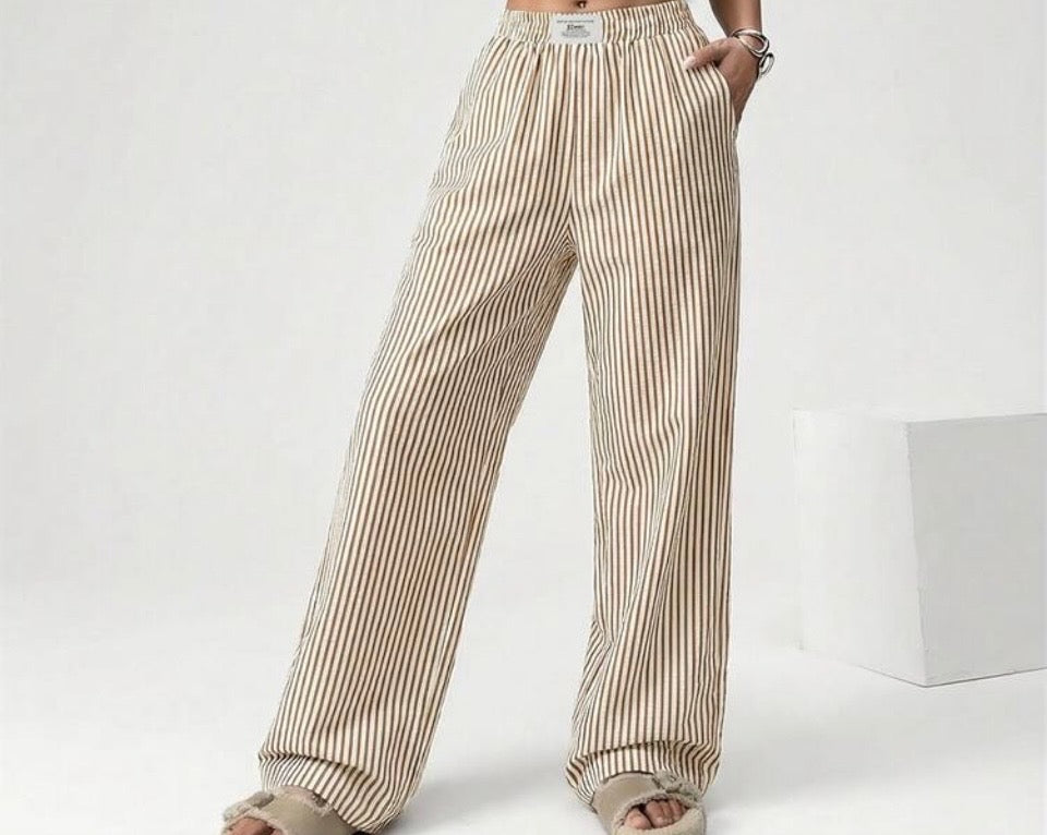 Linen Tan & White Striped Pants