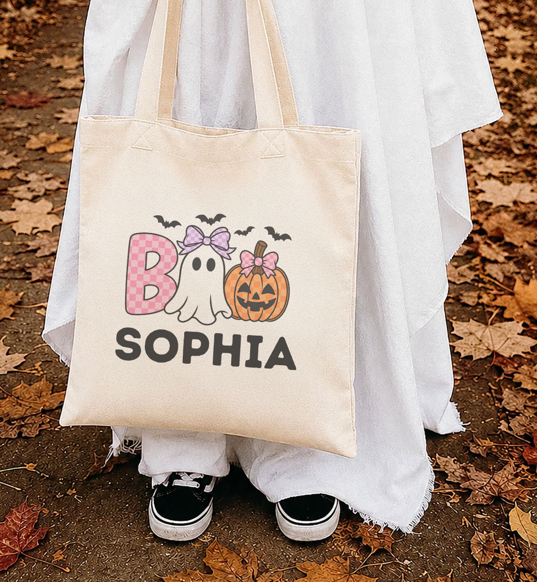 Personalized Boo Ghost & Pumpkin natural trick-or-treat tote bag with name