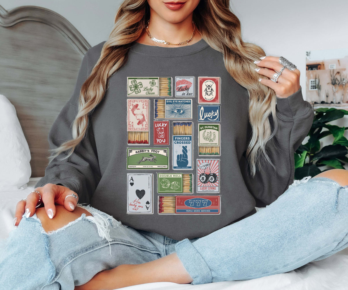 Lucky Matchbox Collage Tee or Crew Sweatshirt