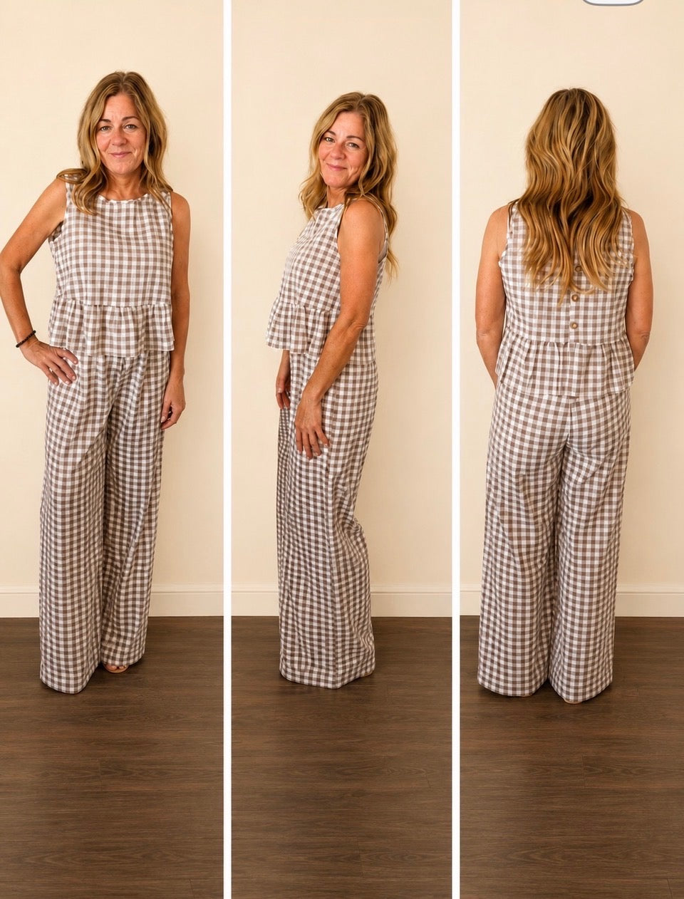 Taupe Gingham Peplum Tank & Wide-Leg Pant Set