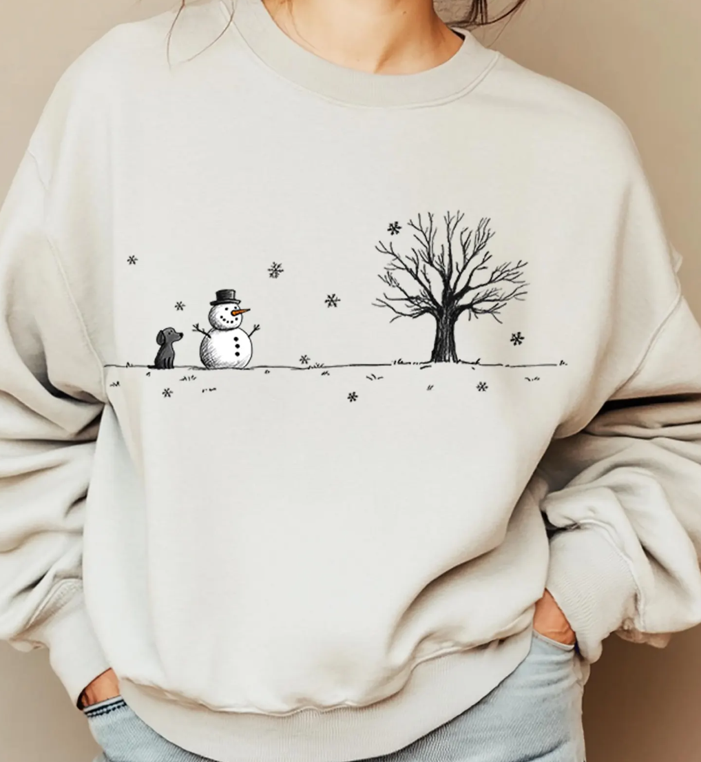 Snowman & Dog Winter Scene T-Shirt or Crew Sweatshirt