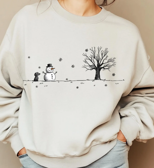 Snowman & Dog Winter Scene T-Shirt or Crew Sweatshirt