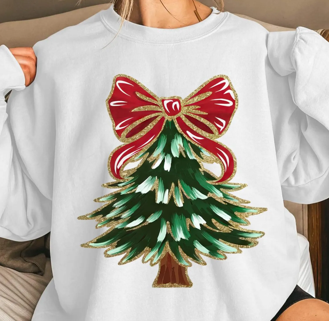 Christmas Tree With Red Bow T-Shirt or Crew Sweatshirt