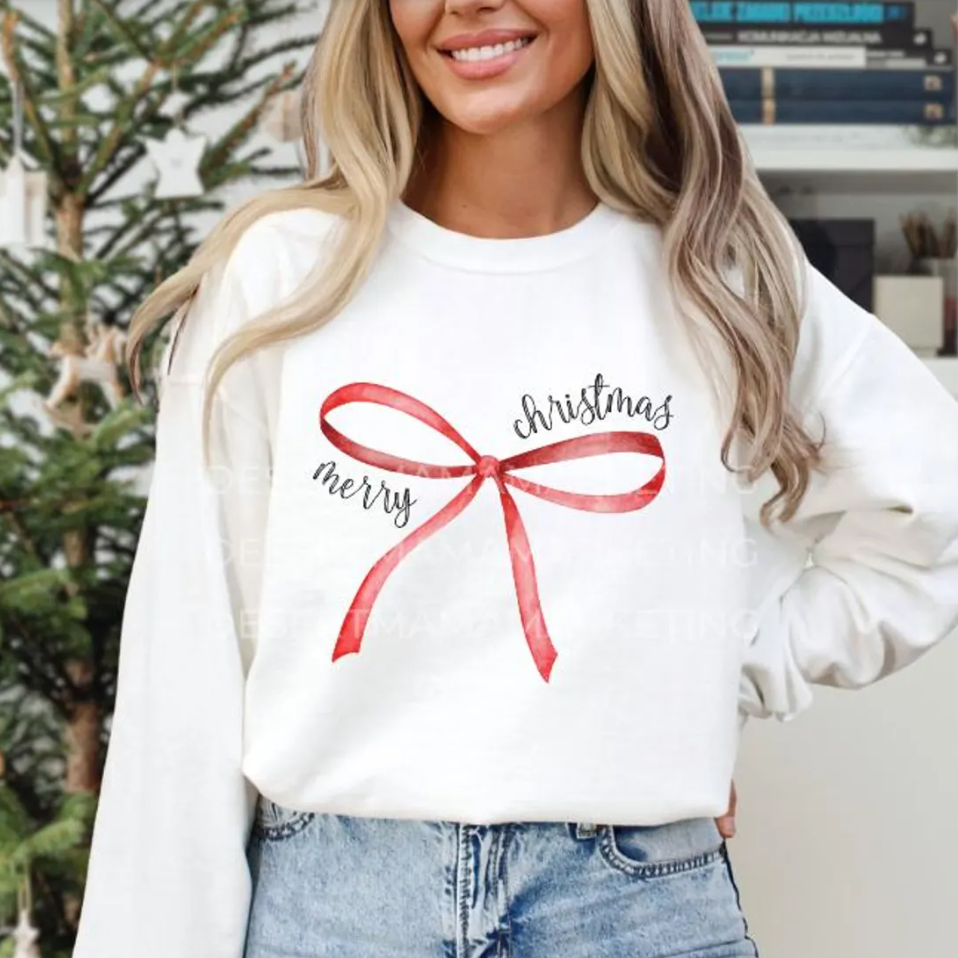 Merry Christmas Red Bow T-Shirt or Crew Sweatshirt