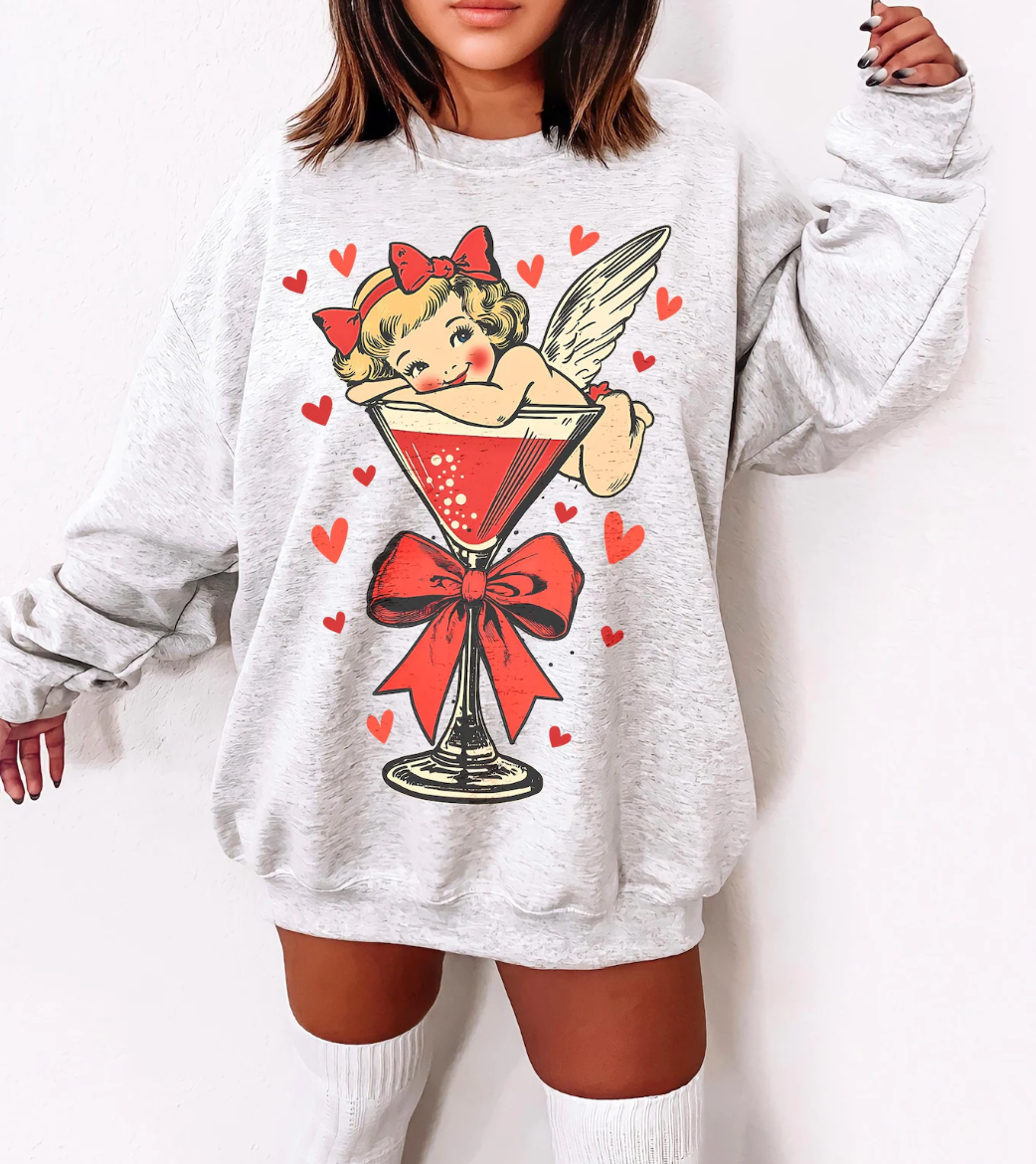 Vintage Cupid in Martini Glass T-Shirt or Crew Sweatshirt