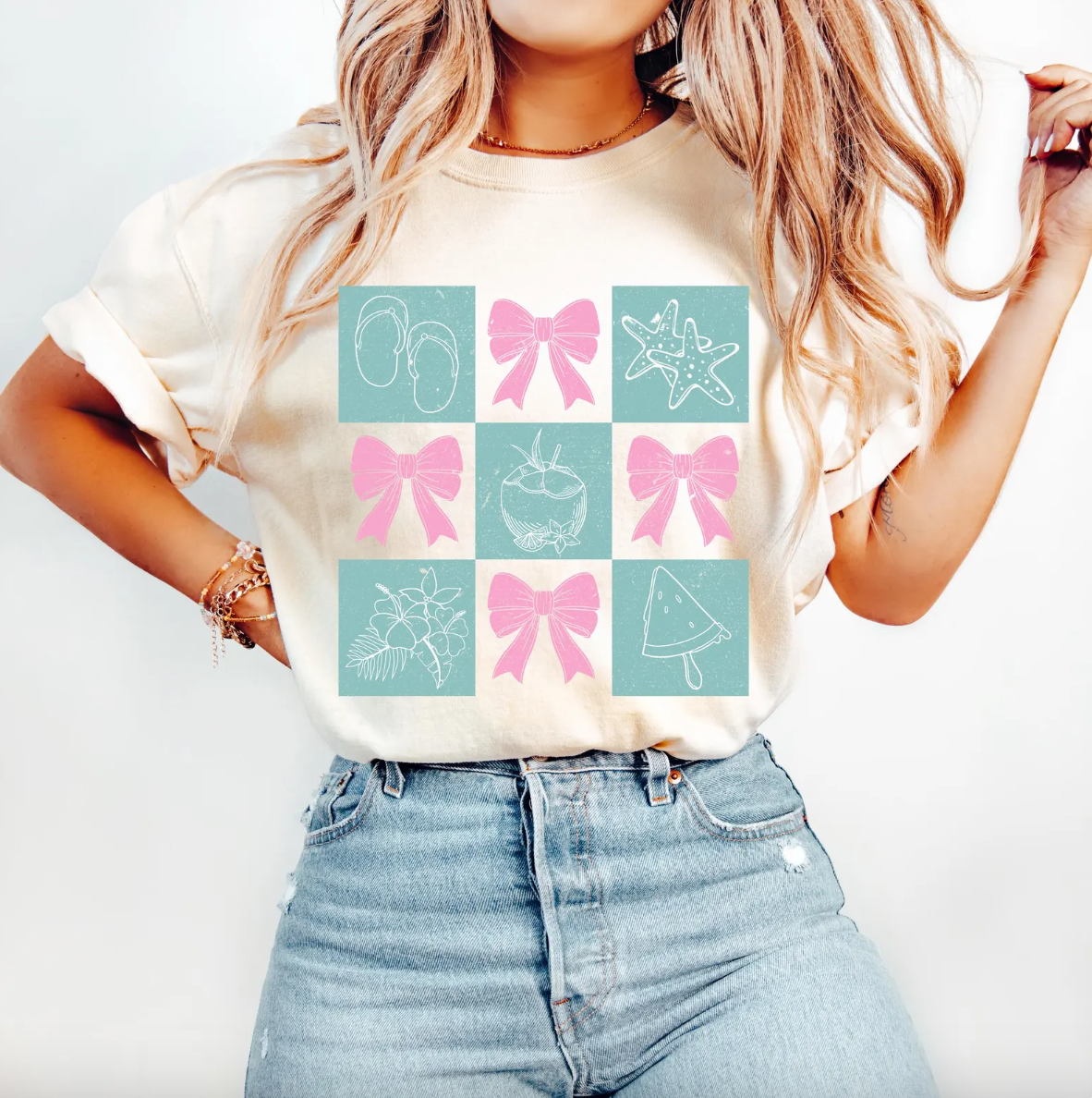 Checkered Bows & Beach Things T-Shirt or Crew Sweatshirt