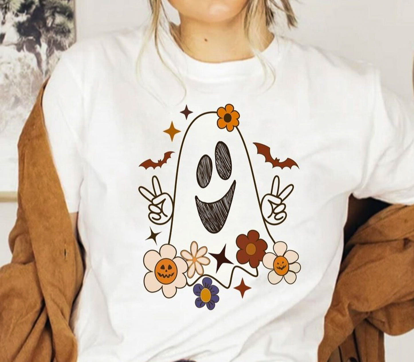 Ghost With Peace Signs & Flowers Tee