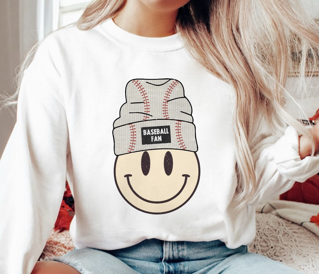 Baseball Fan Smiley With Beanie Crew Sweatshirt