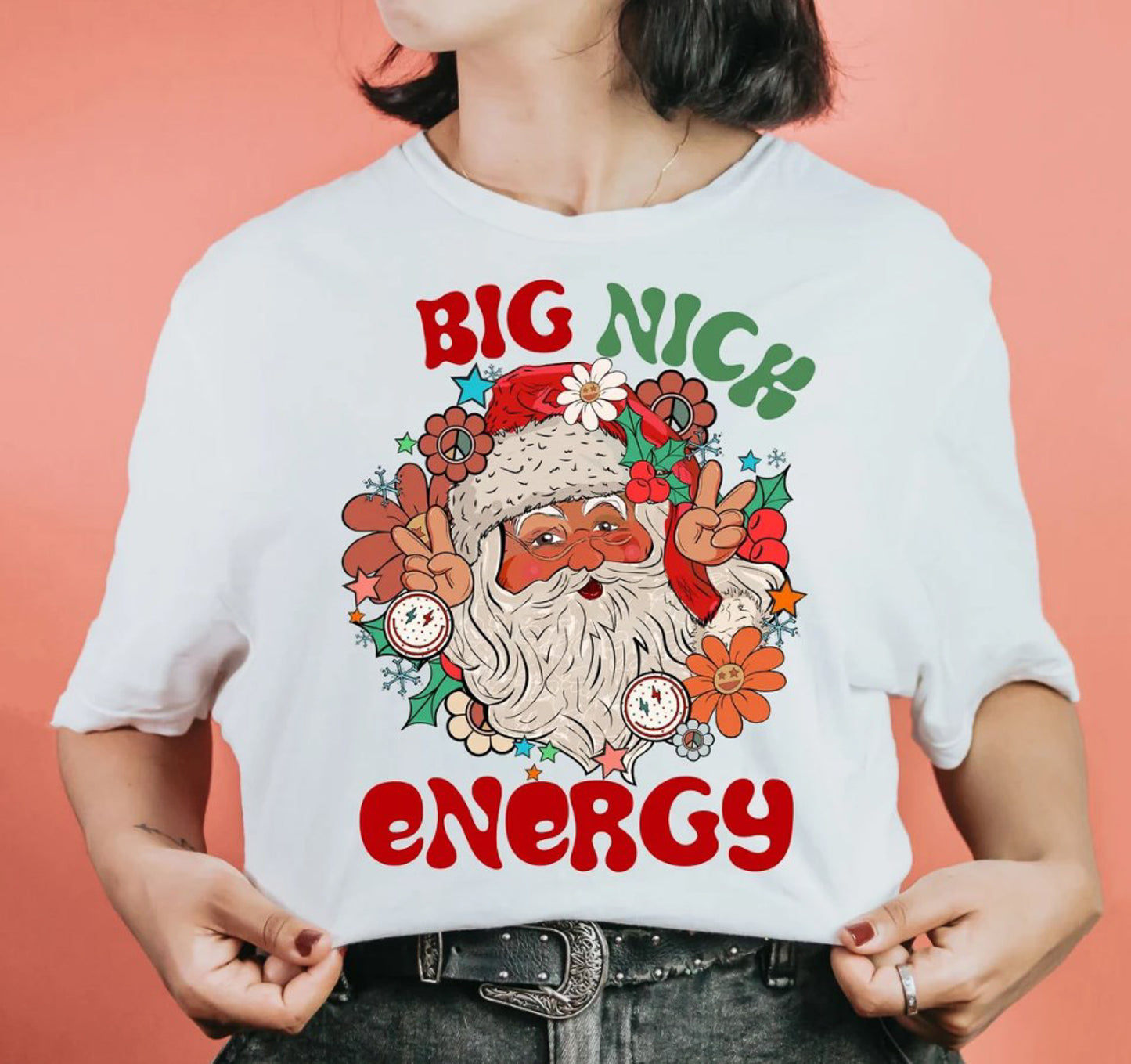 Big Nick Energy Santa Peace Signs & Flowers Tee