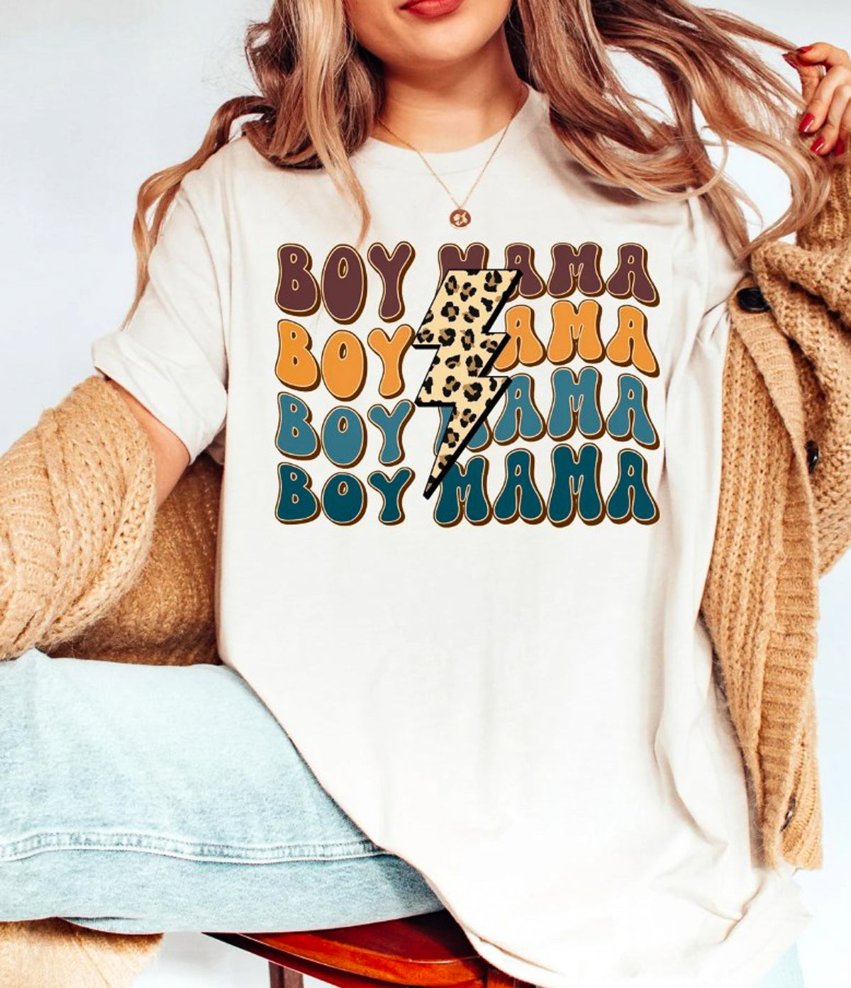 Boy Mama (Stacked) With Leopard Print Lightning Bolt T-Shirt or Crew Sweatshirt