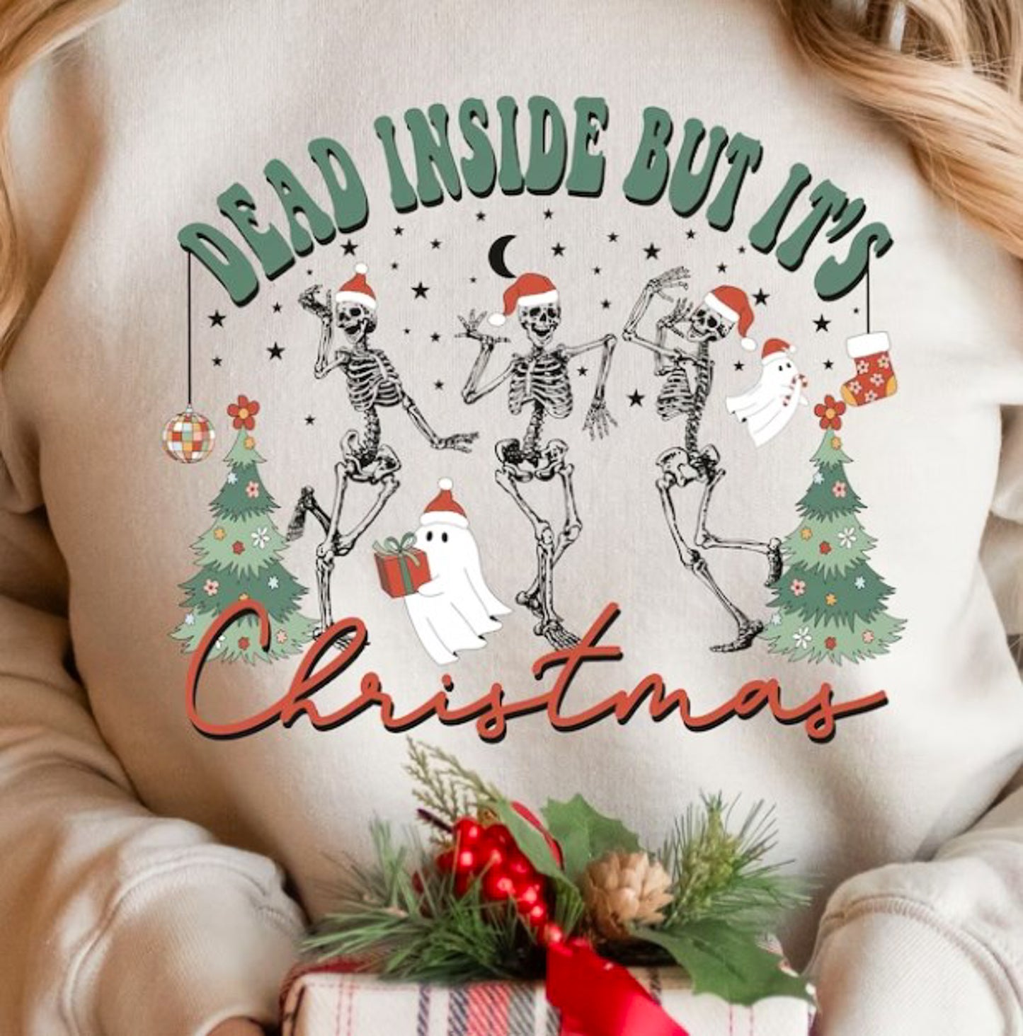 Dead Inside But It's Christmas Dancing Skeletons Crew Sweatshirt