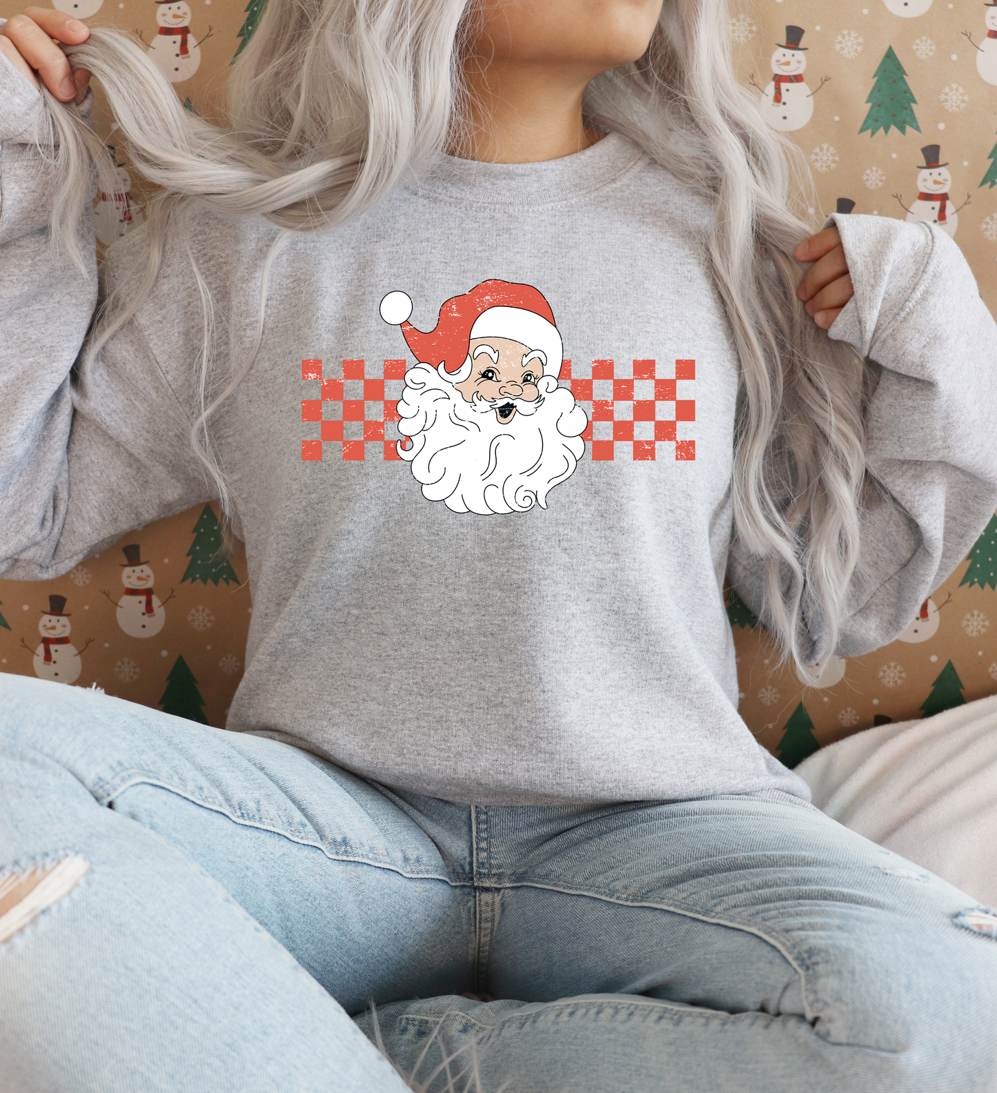 Santa with Checkered Background Distressed T-Shirt or Crew Sweatshirt