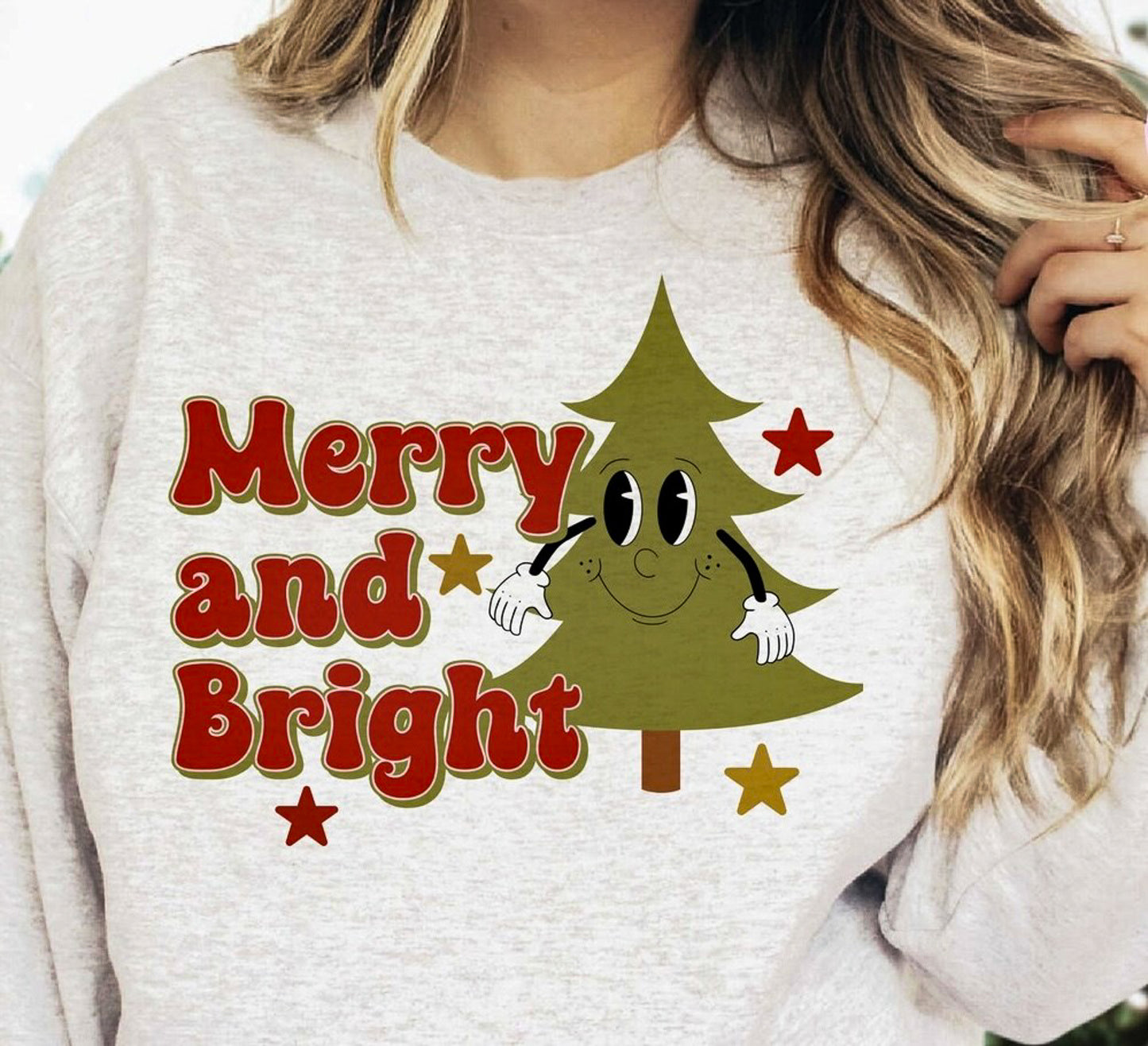Merry And Bright Cartoon Tree Crew Sweatshirt