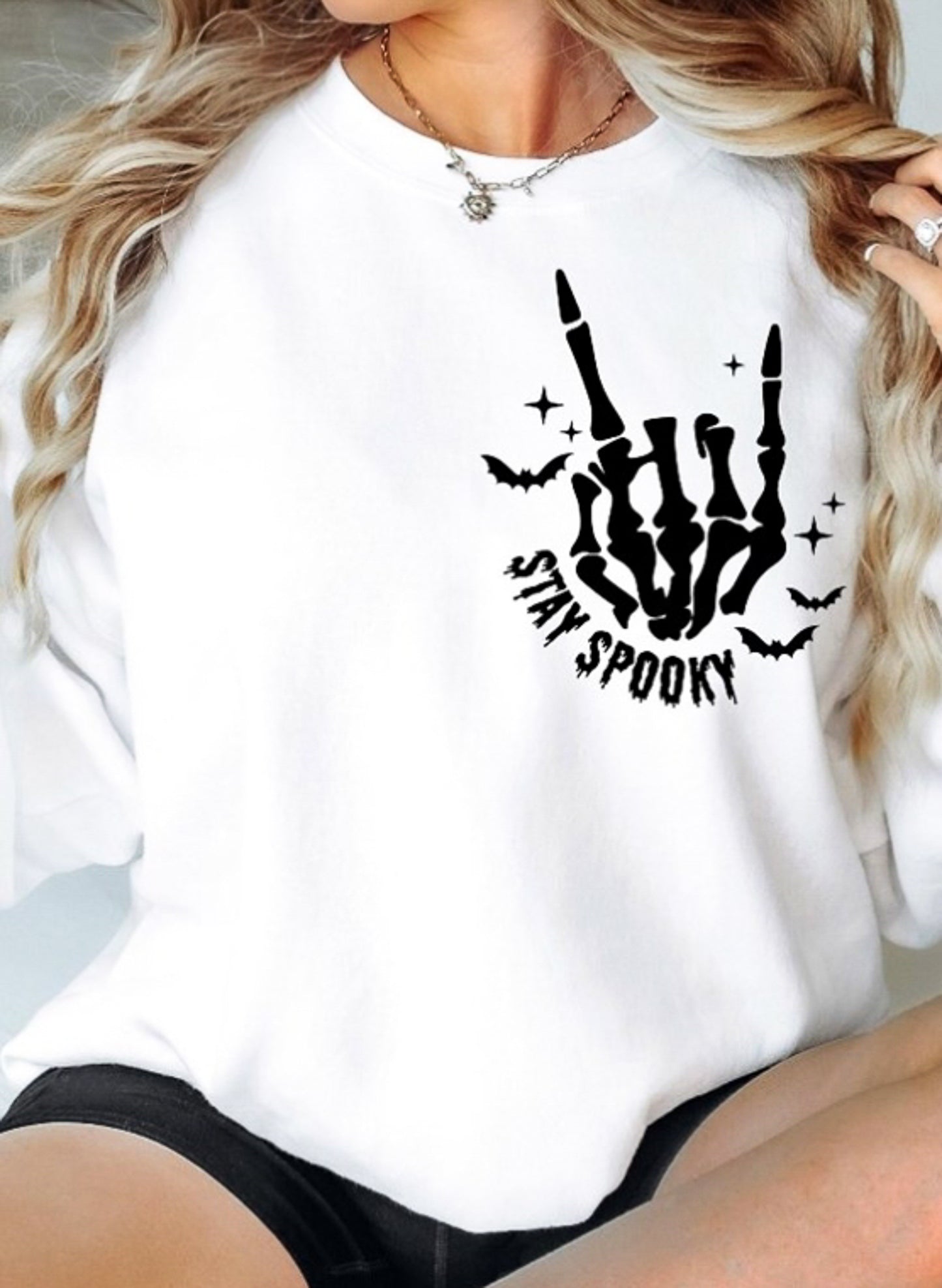 Stay Spooky Skeleton Hand & Ghost Front/Back Crew Sweatshirt