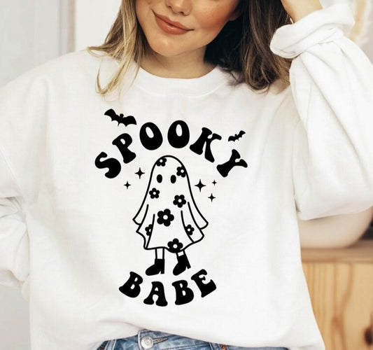 Spooky Babe Ghost With Flowers Crew Sweatshirt