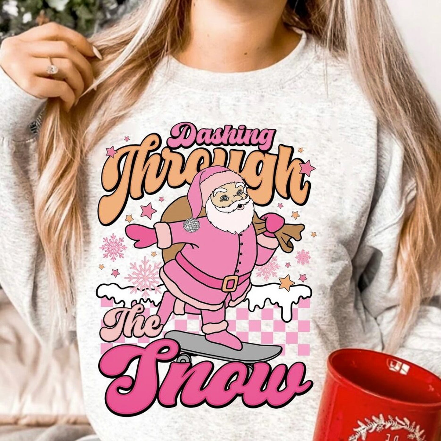 Dashing Through The Snow Pink Santa Crew Sweatshirt