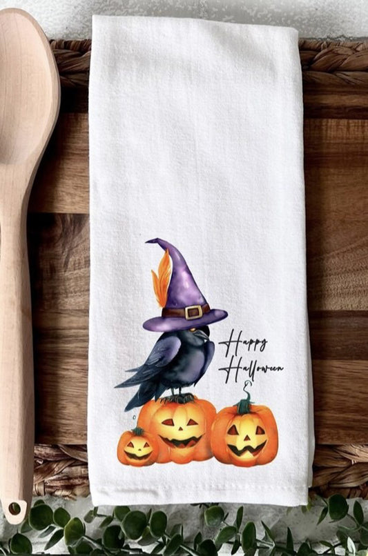 Happy Halloween witch crow on jack-o-lanterns kitchen towel