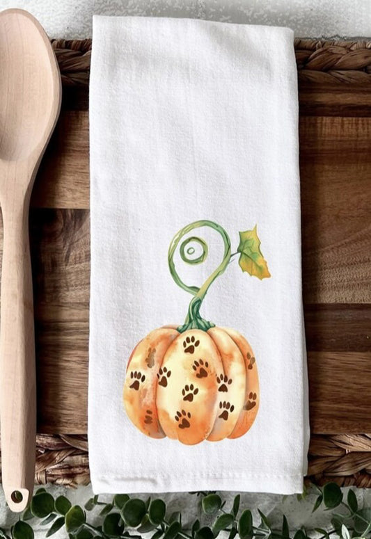 Pumpkin with paw prints kitchen towel