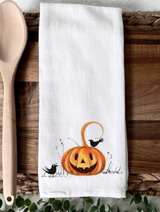 Jack-o-lantern with blackbirds kitchen towel