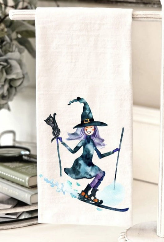 Watercolor witch skiing kitchen towel