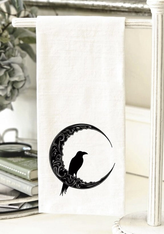 Crescent moon and black bird Halloween kitchen towel