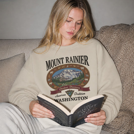 Mount Rainier Washington graphic crew sweatshirt in linen