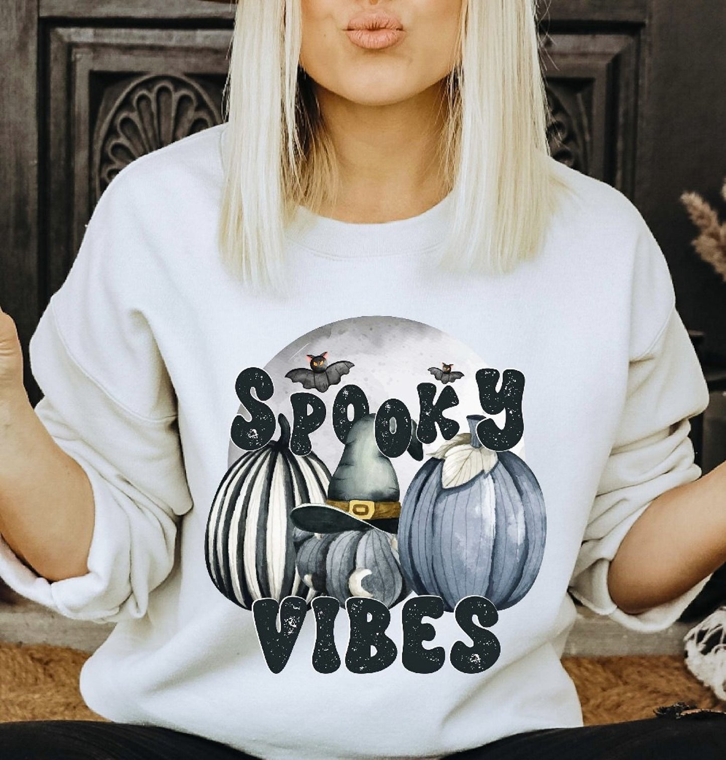 Spooky Vibes Pumpkins & Bats Crew Sweatshirt