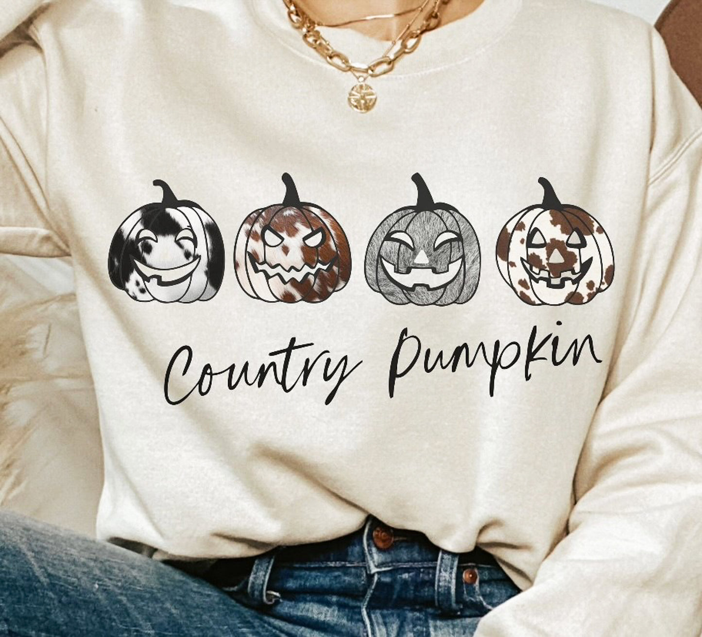 Country Pumpkin 4 Jack-O-Lanterns T-Shirt or Crew Sweatshirt