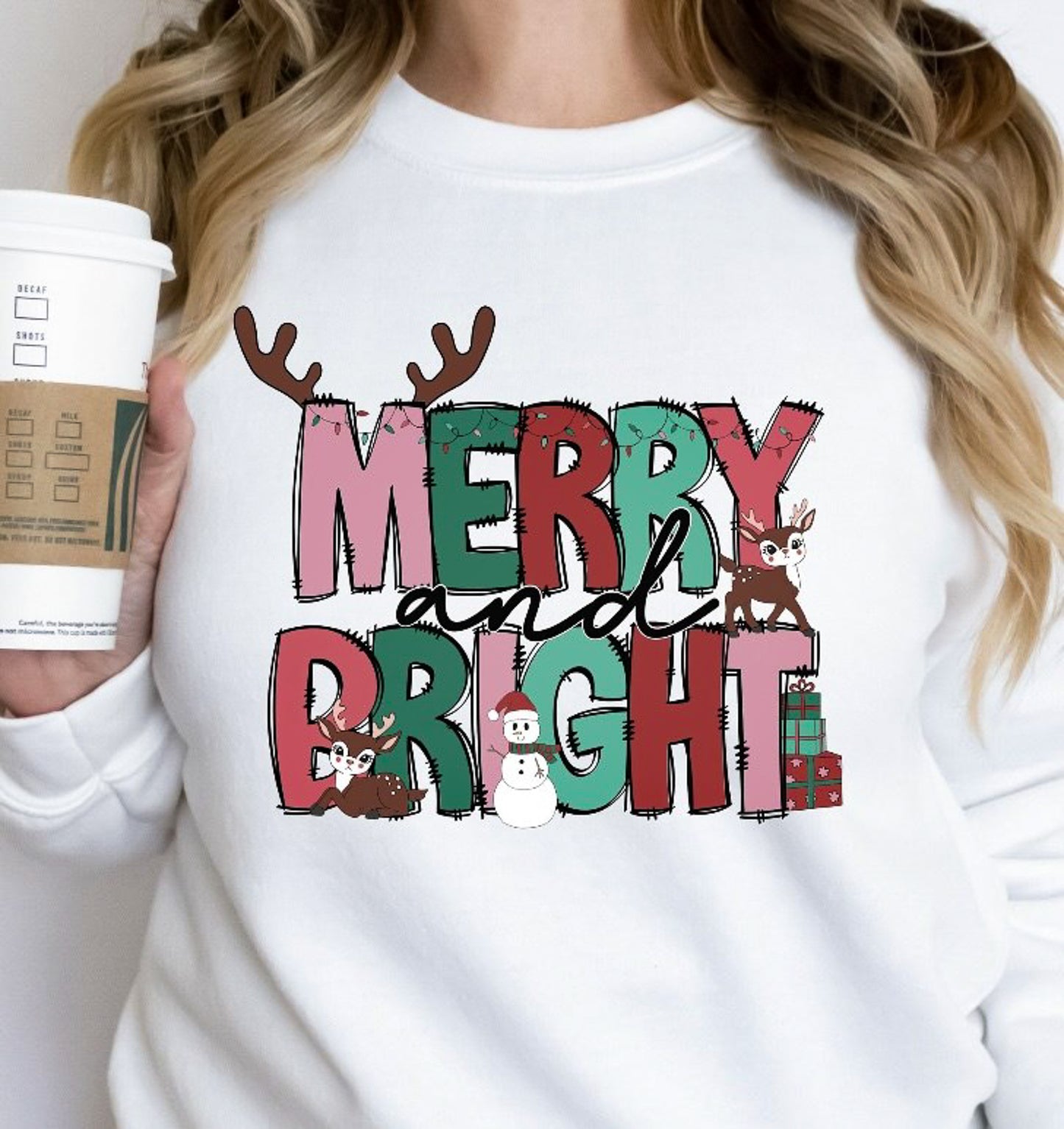 Merry And Bright With Reindeer Antlers Crew Sweatshirt