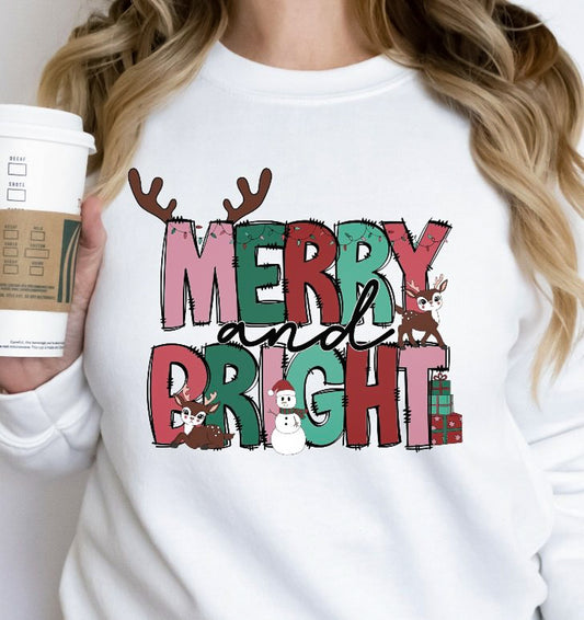 Merry And Bright With Reindeer Antlers Crew Sweatshirt