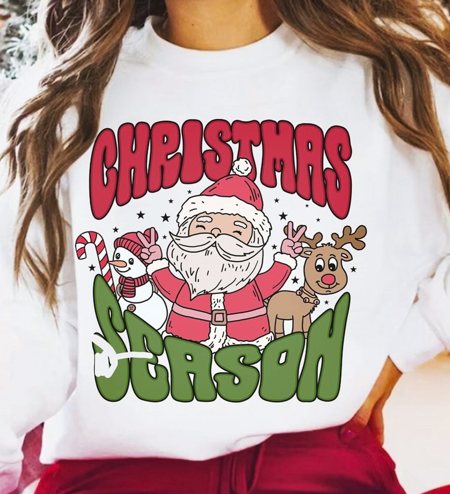 Christmas Season Santa Reindeer & Snowman Crew Sweatshirt