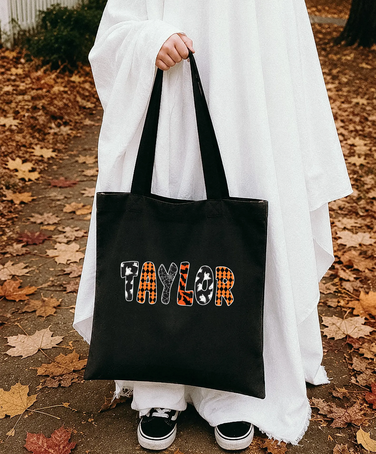 Personalized Spooky Pattern Name black trick-or-treat tote bag