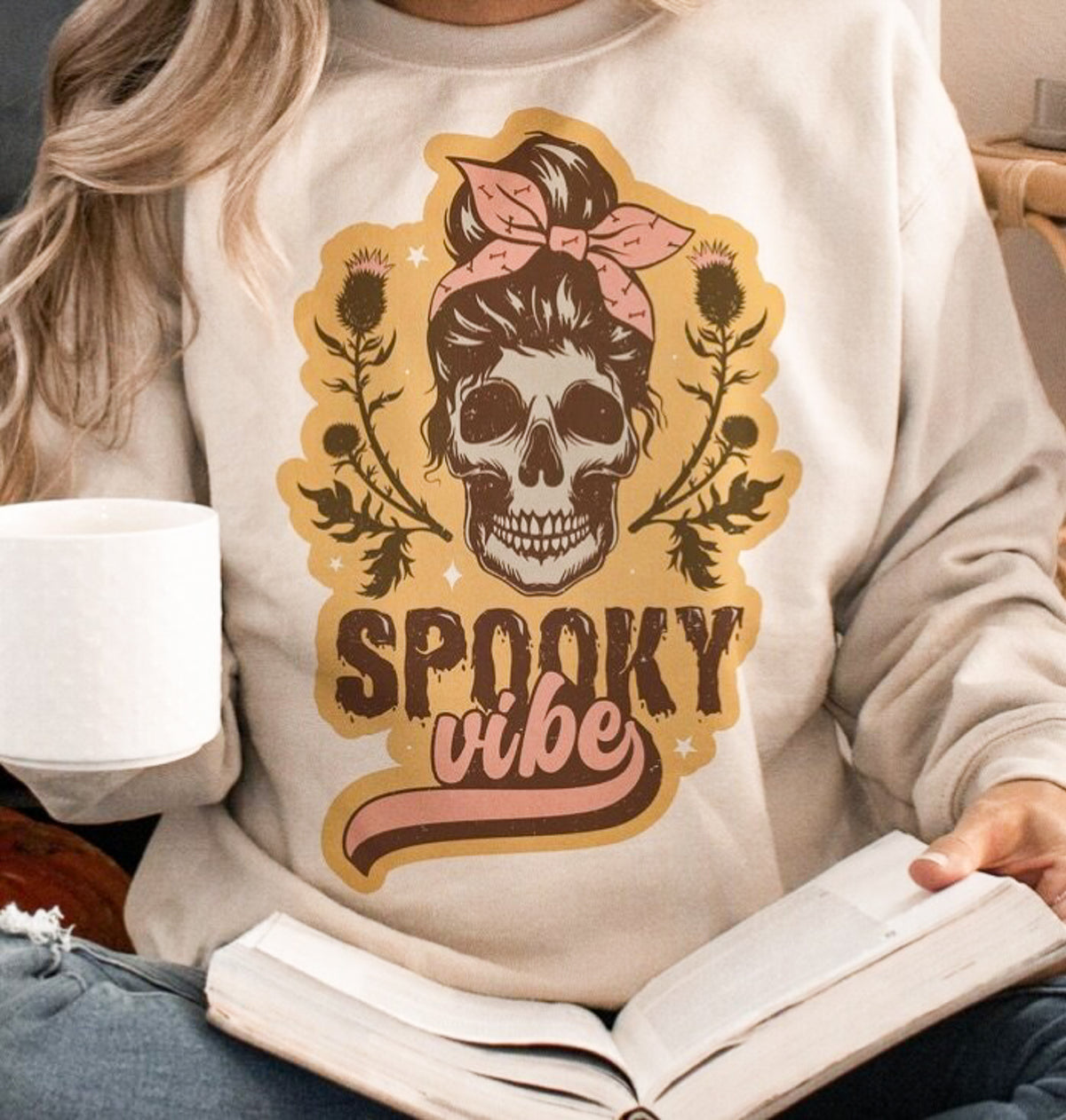 Spooky Vibe Skeleton With Bow Crew Sweatshirt