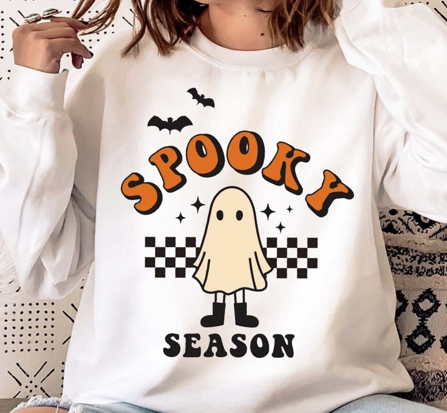 Spooky Season Ghost With Checkered Background Crew Sweatshirt