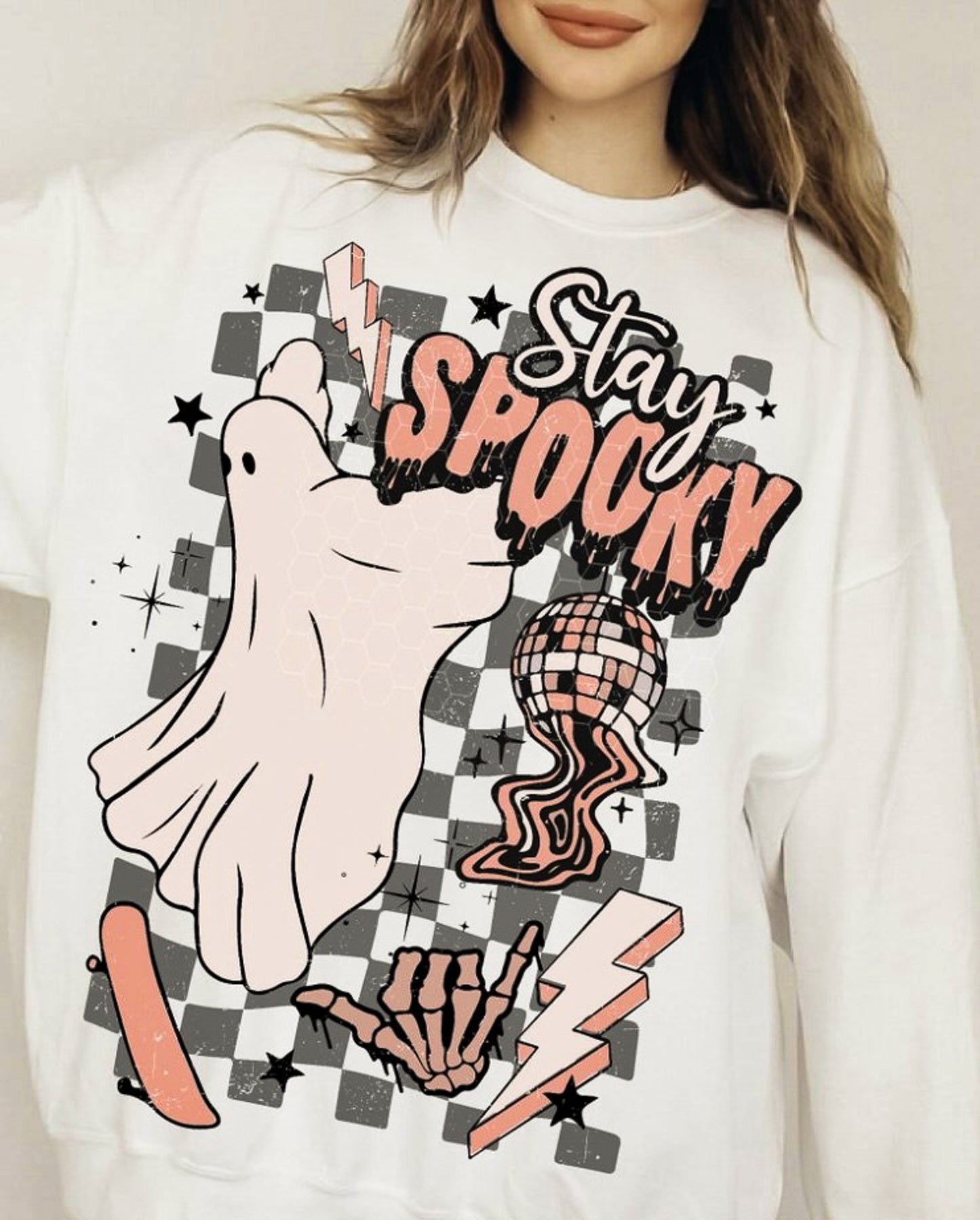 Stay Spooky Ghost Disco Ball & Lightning Bolt Checkered Crew Sweatshirt
