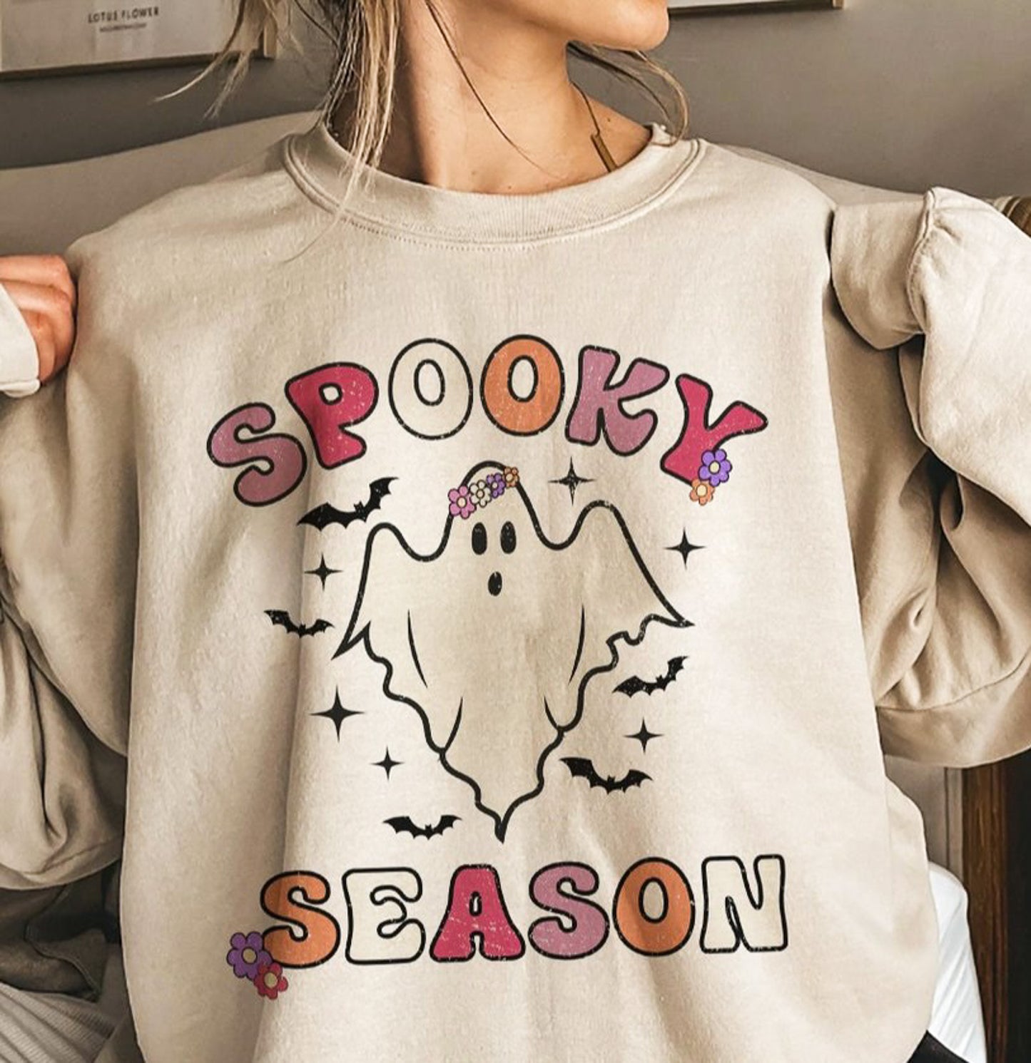 Spooky Season Ghost With Floral Crown Crew Sweatshirt
