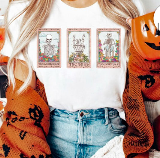 3 Halloween Tarot Cards: The Overthinker, The Sass, The Coffeeholic Tee