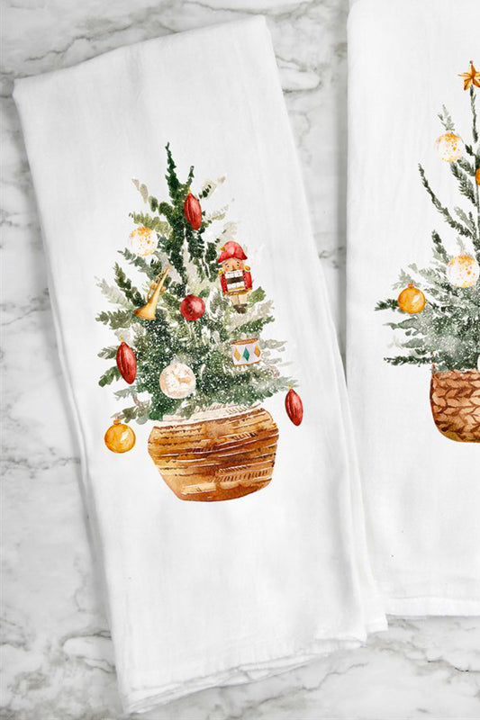 Christmas tree with red ornaments tea towel