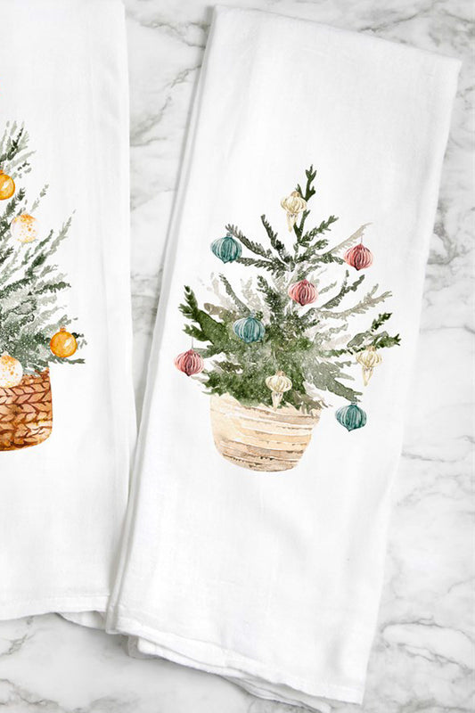 Christmas tree with pink and blue ornaments tea towel