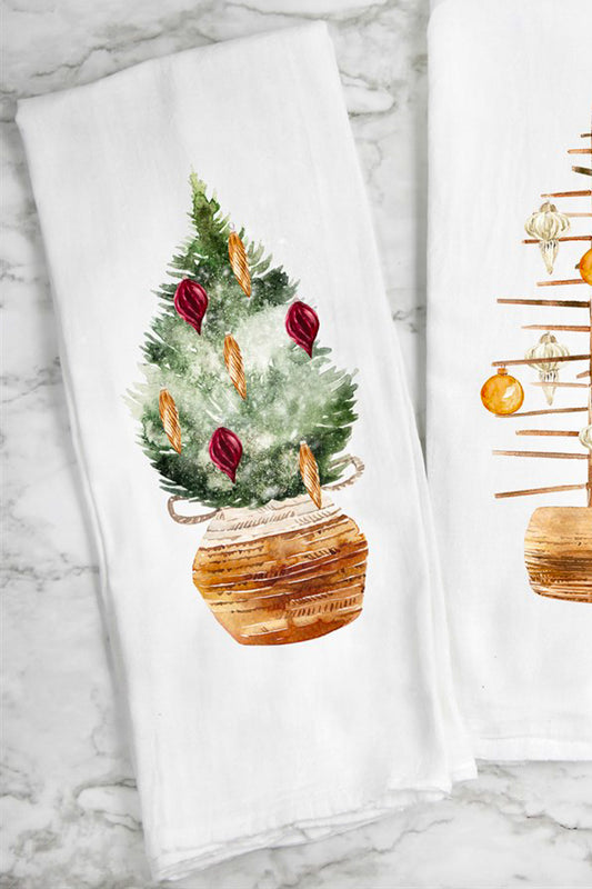 Christmas tree with red and gold ornaments tea towel