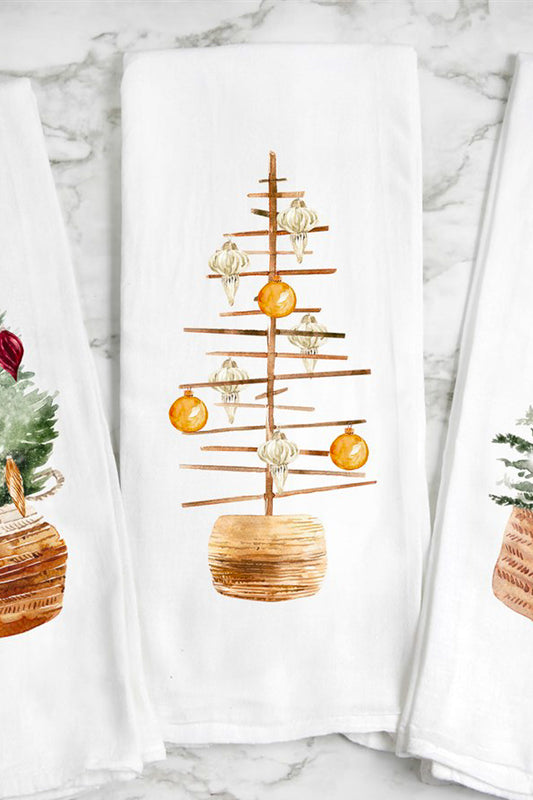 Wood Christmas tree with white and gold ornaments tea towel