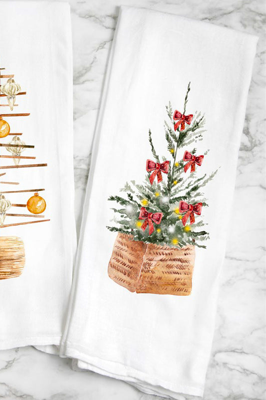 Christmas tree with red ribbons tea towel