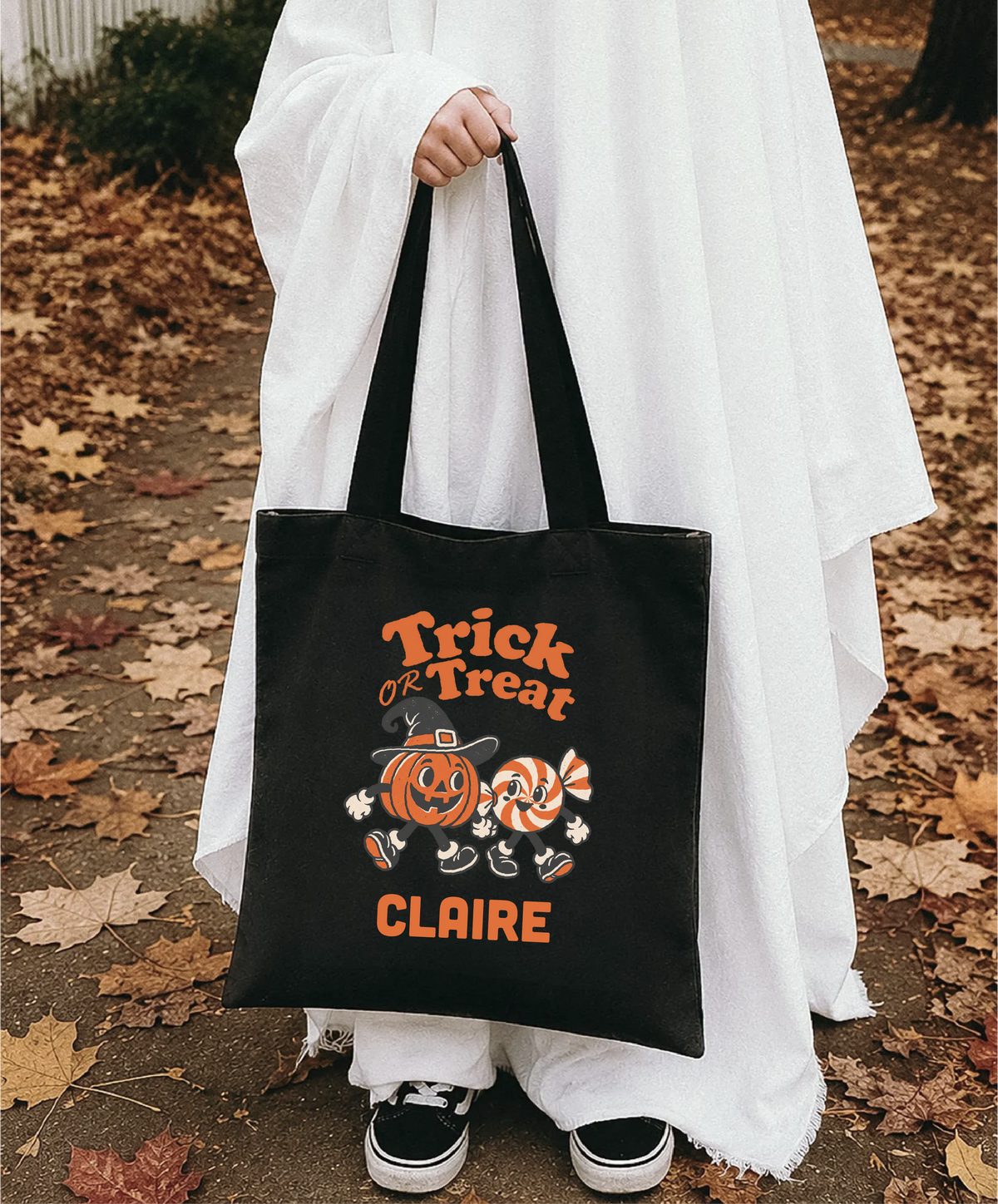 Personalized Trick or Treat Pumpkin & Candy black tote bag with name