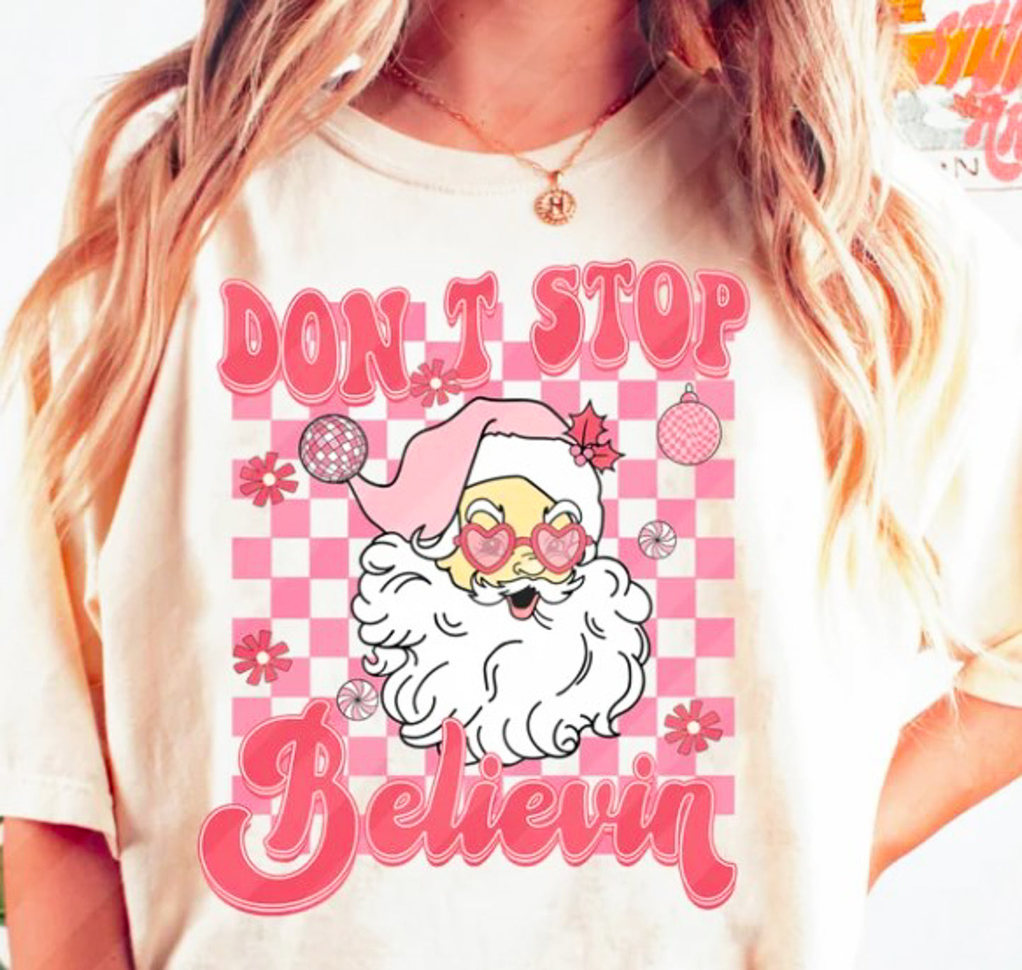 Don't Stop Believin' Santa Checkered Background Tee