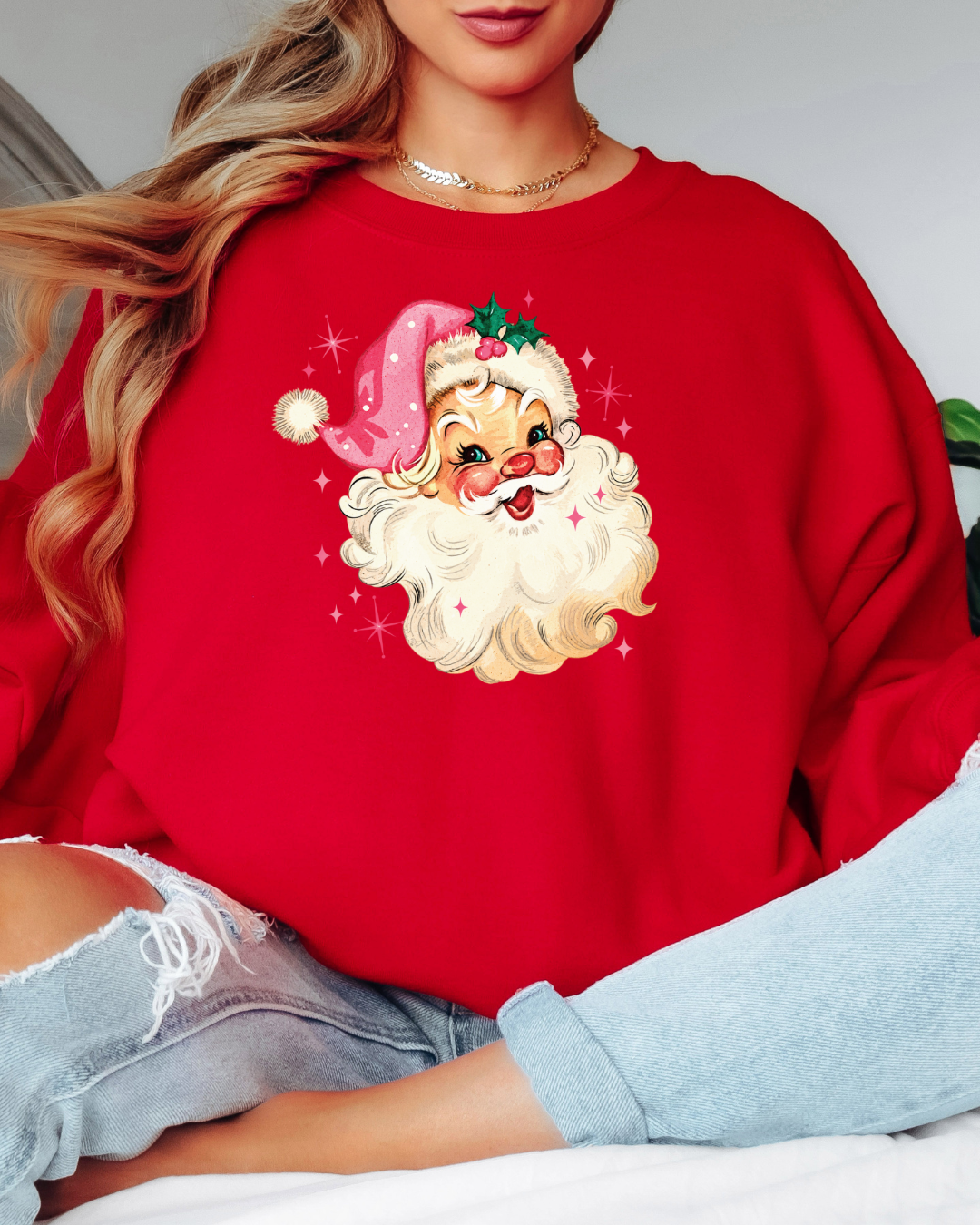 Vintage-Style Pink Santa Tee or Crew Sweatshirt