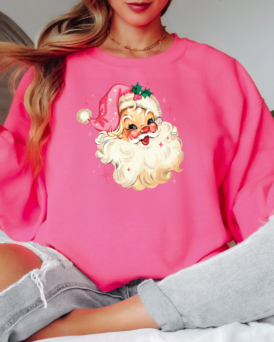 Vintage-Style Pink Santa Tee or Crew Sweatshirt