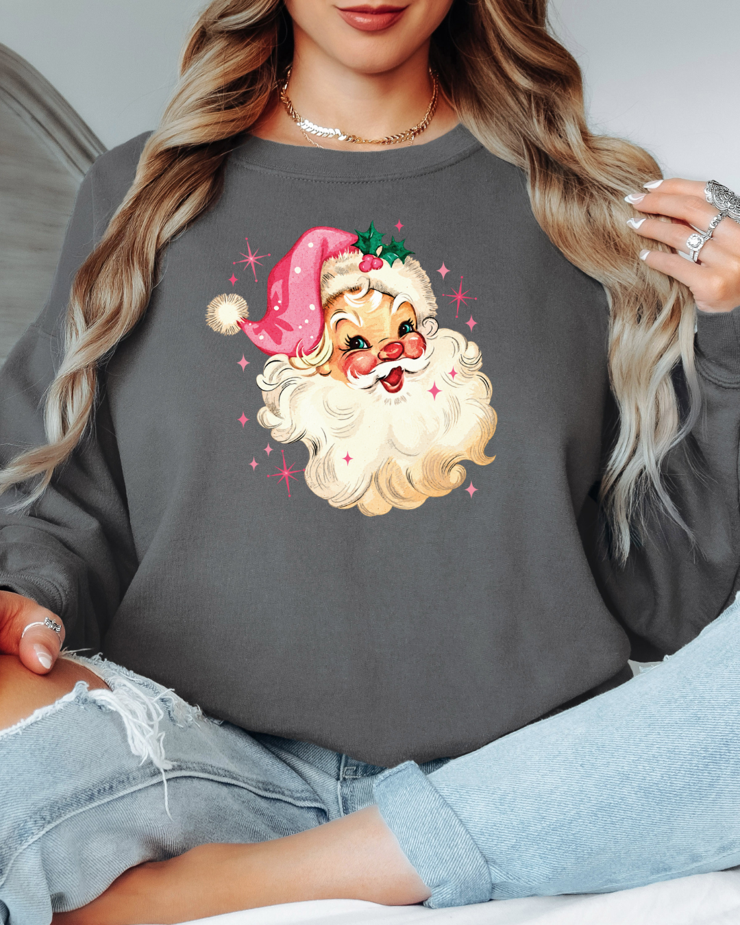 Vintage-Style Pink Santa Tee or Crew Sweatshirt