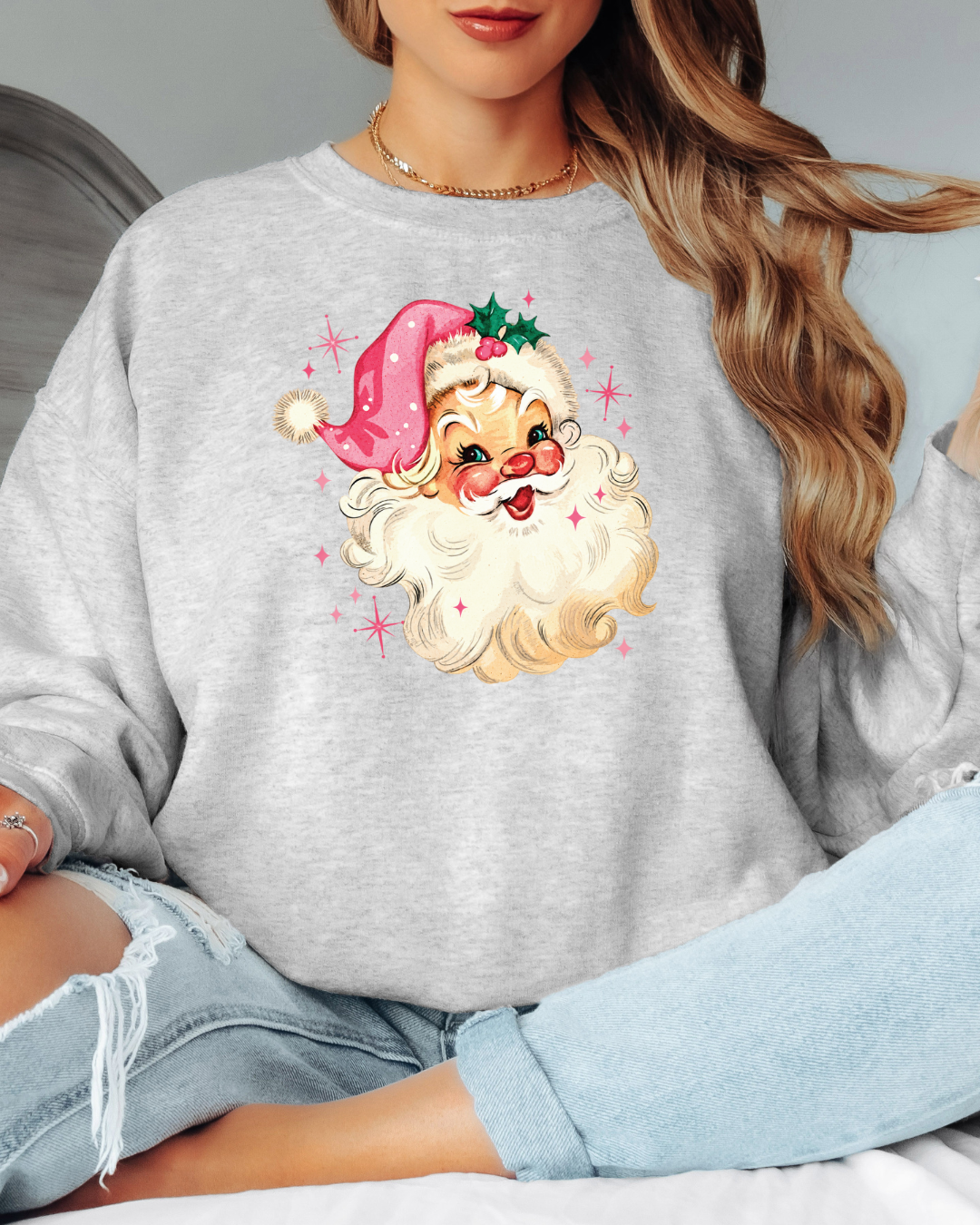 Vintage-Style Pink Santa Tee or Crew Sweatshirt