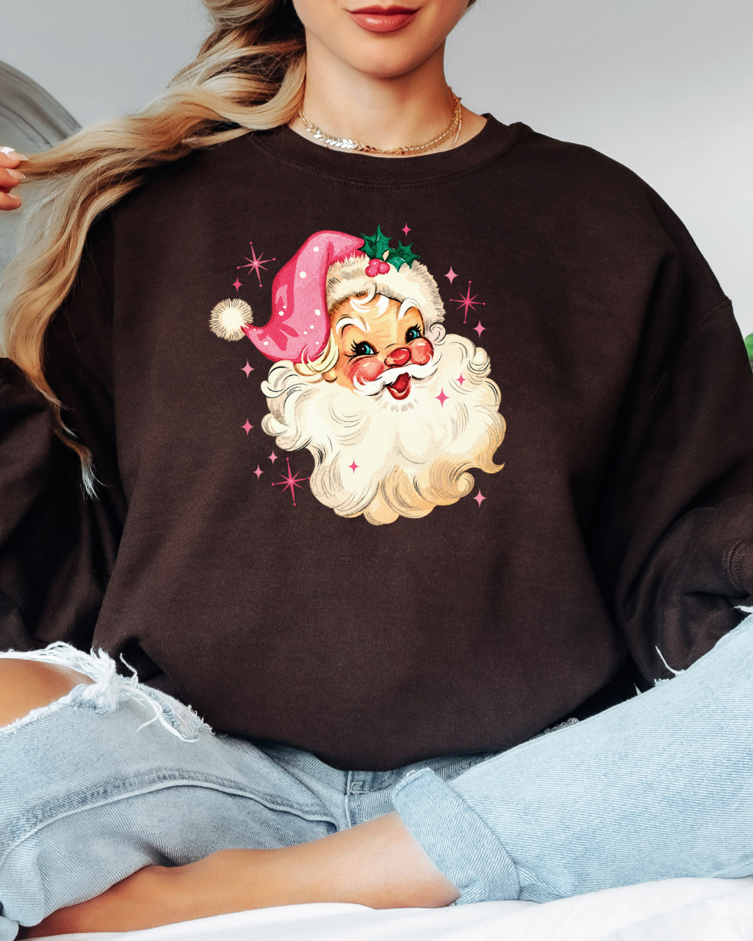 Vintage-Style Pink Santa Tee or Crew Sweatshirt