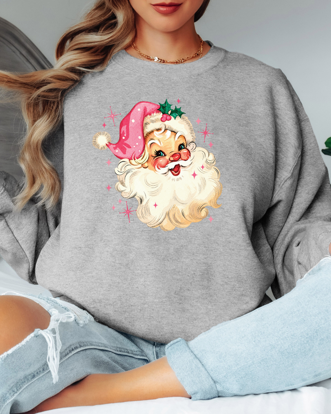Vintage-Style Pink Santa Tee or Crew Sweatshirt